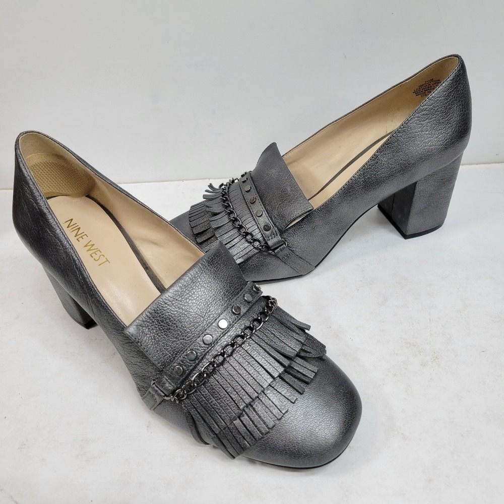Nine West Women's 7.5M Black Leather Fringe Block Heel Loafer Pumps